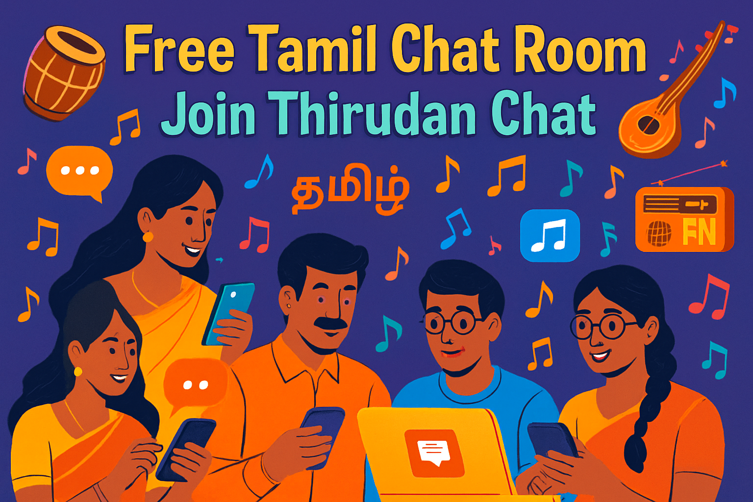 Free Tamil Chat Room with Tamil culture, music, and online community icons