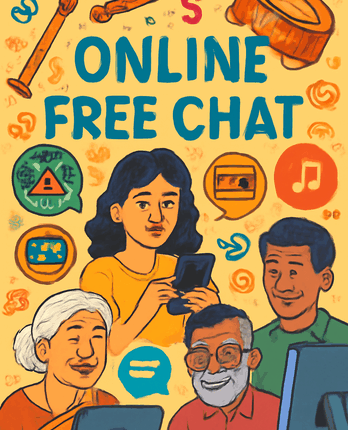 Online Free Chat platform with Tamil cultural elements and diverse people chatting on devices