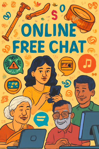 Online Free Chat platform with Tamil cultural elements and diverse people chatting on devices