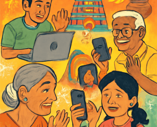 People of diverse ages and backgrounds using laptops and mobiles for Tamil video chat, with Tamil cultural decorations in a bright, friendly setting.