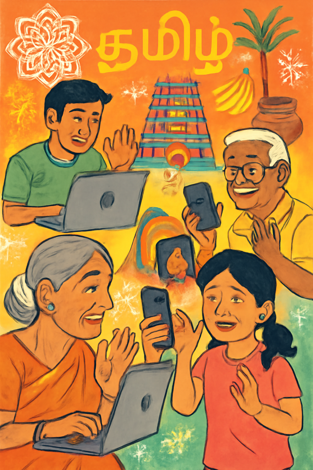 People of diverse ages and backgrounds using laptops and mobiles for Tamil video chat, with Tamil cultural decorations in a bright, friendly setting.