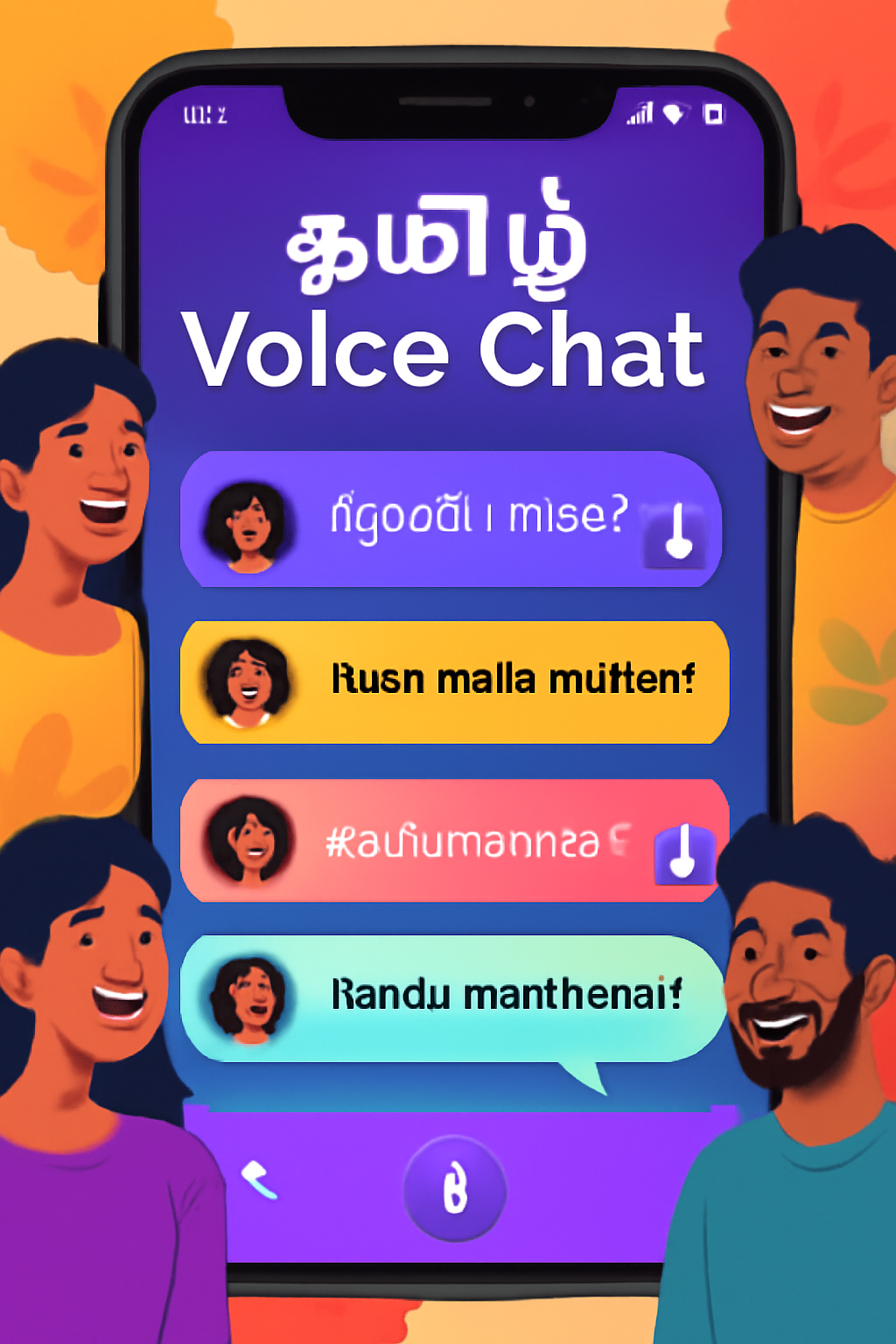 Mobile app screen with Tanglish title 'Tamil Voice Chat' and Tamil users chatting online